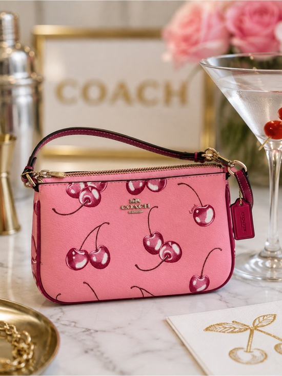 Coach Handbags - Coach Pink Cherry Print Leather Crossbody Wallet with Gold Hardware